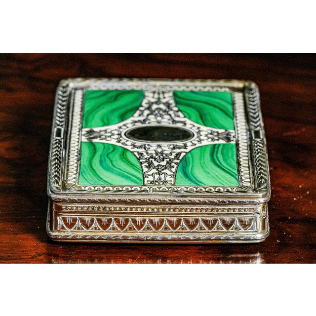 Stunning Ornate European Continental Sterling Silver Malachite Enamel Antique Snuff Box For Sale - Image 12 of 17