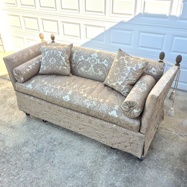 Vintage George Smith Style Silk Damask Knole Sofa 81” Long With Hinged Sides Pineapple Finials Down Cushions For Sale - Image 17 of 17