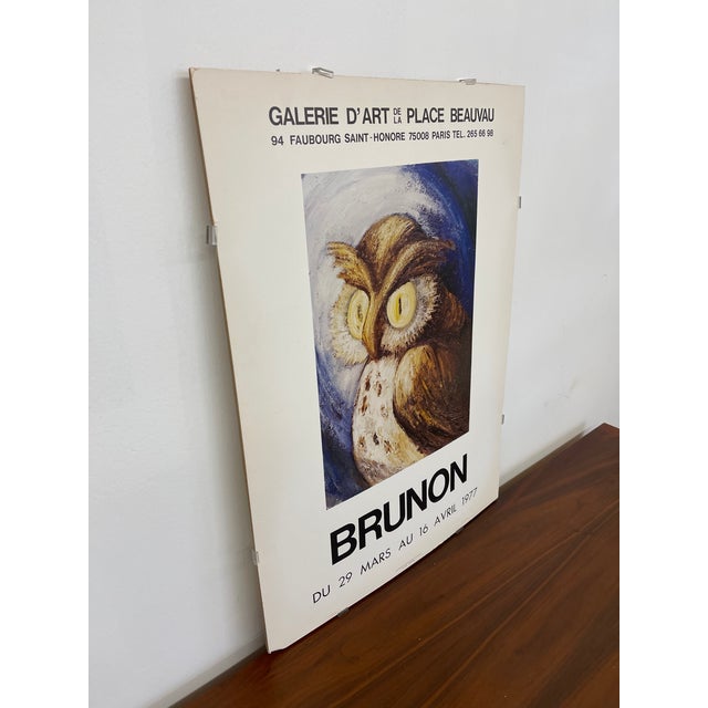 French Vintage 1977 Brunon Exhibition Poster Paris Galerie d'Art De La Place Beauvau Owl Artwork For Sale - Image 3 of 9