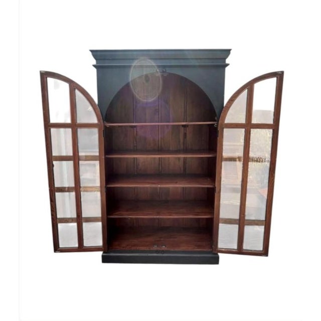 Contemporary Tall Black 2-Arch Glass Door Solid Wood Bookcase For Sale - Image 4 of 4