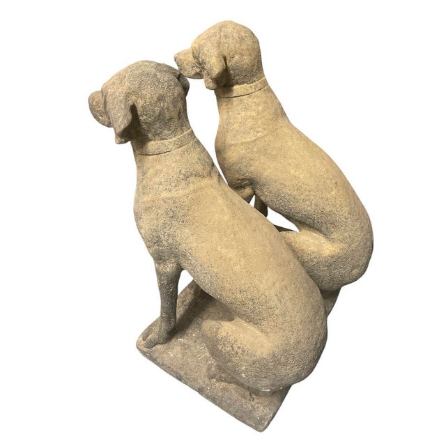Pair of Vintage Weathered Cast Stone Seated Pointer Garden Statues For Sale - Image 4 of 12