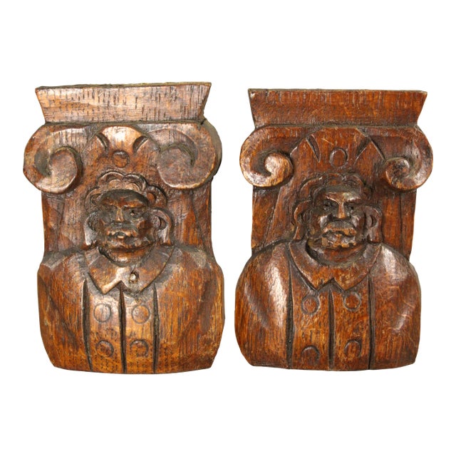 Antique Carved Oak Small Panels Male Portraits Busts, English For Sale