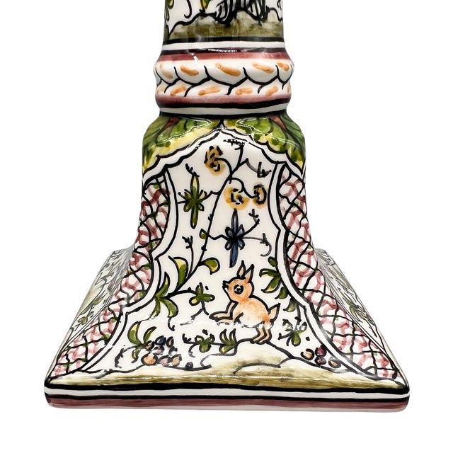 Burgundy Pair of Hand-Painted Portuguese Faience Candlesticks by C. Melo With Birds, Dog, Castle & Deer – Folk Art / European Traditional For Sale - Image 8 of 18