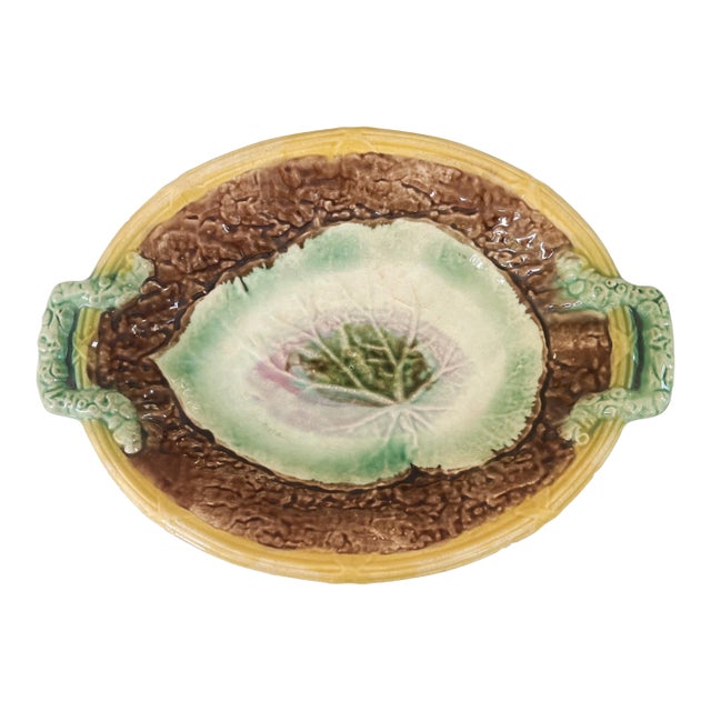 Antique 19th C Majolica Begonia Leaf and Faux Bois Platter C1880s For Sale