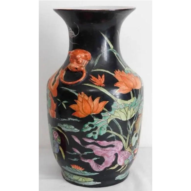 Mid 20th Century Vintage Mid-Century Chinese Famille Noire Baluster Vase Hand Painted Lotus and Koi Fish 14 Inch For Sale - Image 5 of 13
