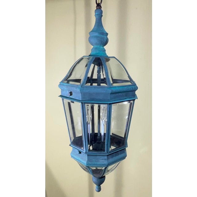 Verdigris Vintage Verdigris Solid Brass Hexagonal Hanging Lantern – 29”x 11” For Sale - Image 8 of 14