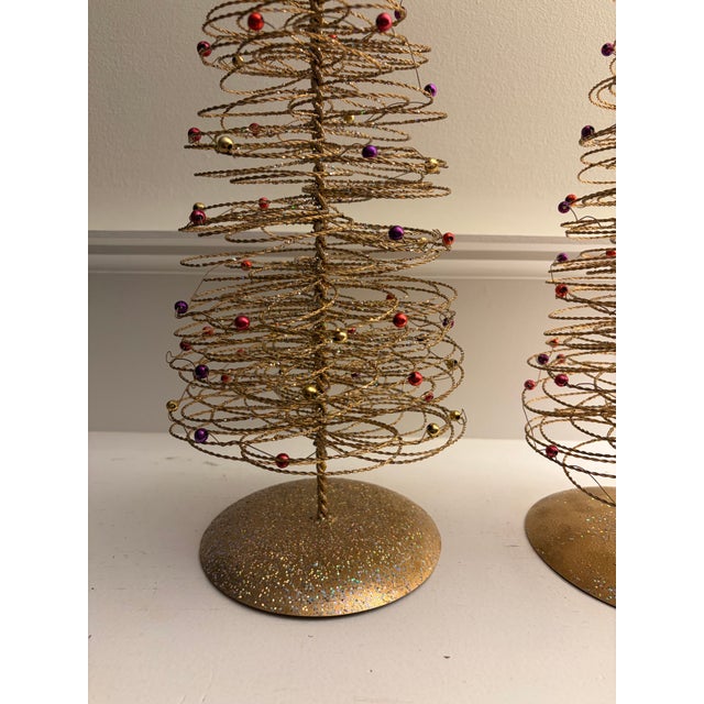 Vintage Gold Wire Beaded Christmas Trees – Set of 2 (20” Each) For Sale - Image 10 of 11