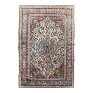 Detailed Antique Lavar Kerman Rug With Floral Design in Ivory Background For Sale