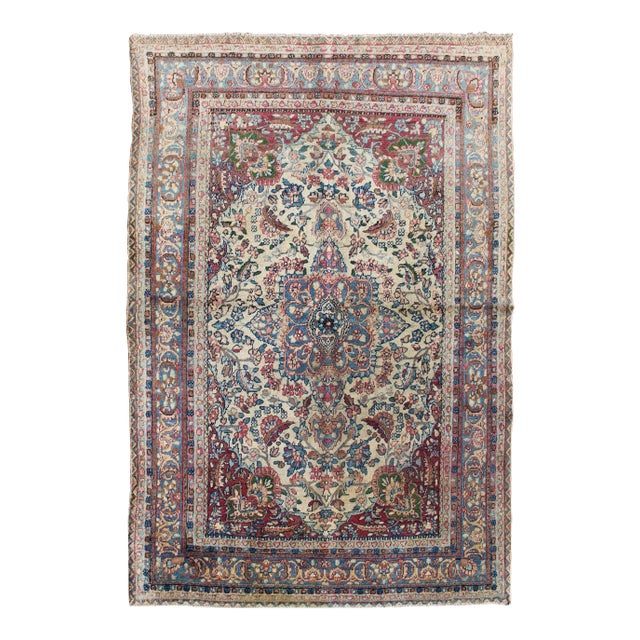 Detailed Antique Lavar Kerman Rug With Floral Design in Ivory Background For Sale