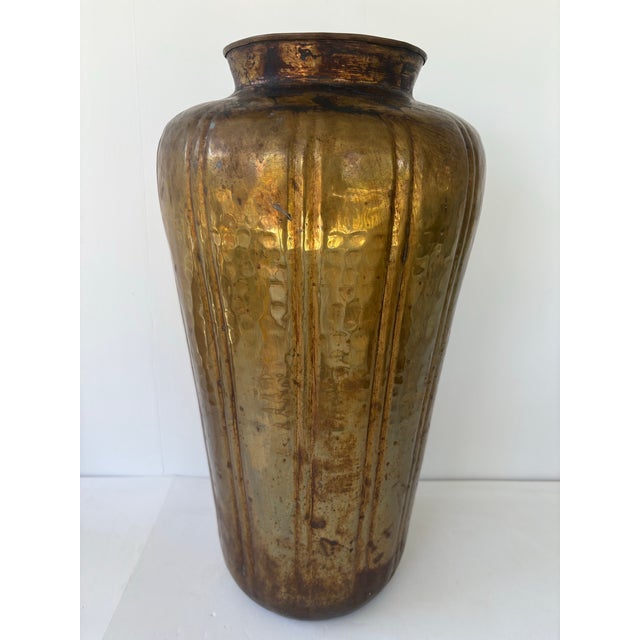 Vintage Large Hand-Hammered Brass Floor Vase With Aged Patina – 16.5” For Sale - Image 4 of 9