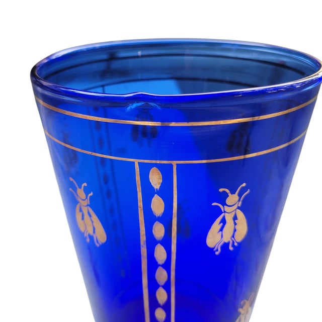 Vintage Boho Mid Century Hand Blown Cobalt Blue Glass Vase With Gold Honey Bee Accents For Sale - Image 17 of 18