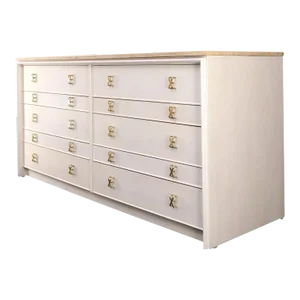 Paul Frankl for Johnson White Wash Marble Top 10 Drawers Dresser Brass x Pulls
