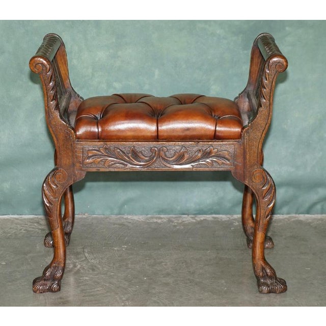 Victorian Carved Hardwood and Brown Leather Chesterfield Window Seat, 1890 For Sale - Image 3 of 18