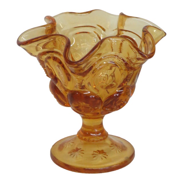 L E Smith Glass Moon and Stars Amber Pedestal Ruffle Compote Dish 5600b For Sale