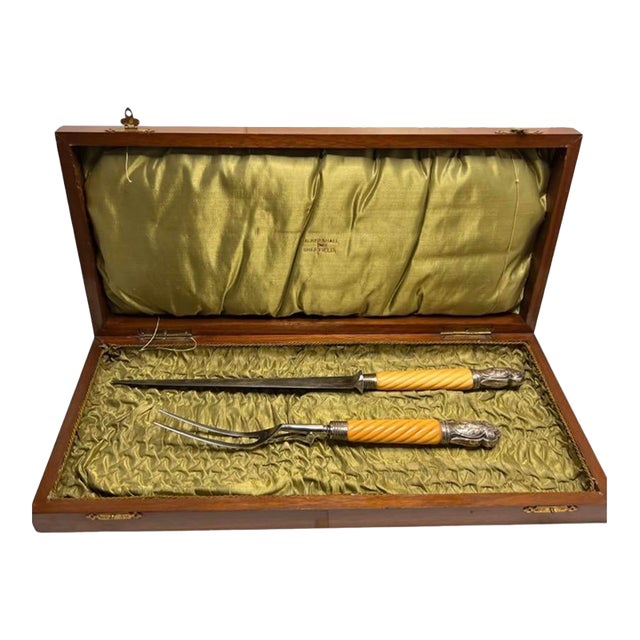 Early to Mid-1800s Joseph Elliott & Sons Sheffield Stag Handle Carving Set with Silverplated Caps & Ferrules- 2 Pieces For Sale