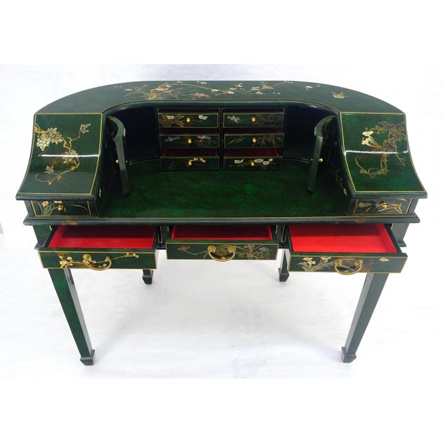 Emerald Green Lacquer Chinoiserie Desk Writing Table Console & Chair MINT For Sale - Image 13 of 18