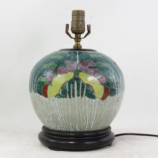 Chinese Antique Famille Rose Bok Choy Porcelain Table Lamp With Cabbage Leaf and Butterfly Motif For Sale - Image 3 of 13