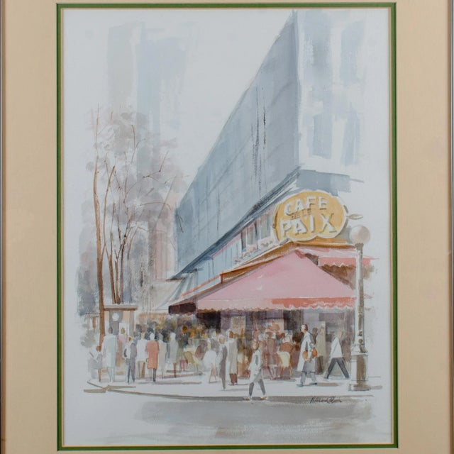 Transitional Vintage Mid-Century H. Richard Black Café De La Paix Watercolor Painting For Sale - Image 3 of 6