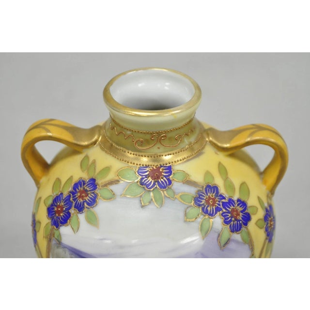 Art Nouveau Antique Nippon Hand Painted Porcelain Moriage Mountain Scene Small Yellow Vase For Sale - Image 3 of 12