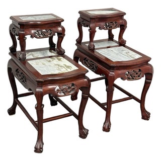 Vintage Qing Dynasty Style Two Tiered Rosewood + Marble Side Tables, Pair For Sale