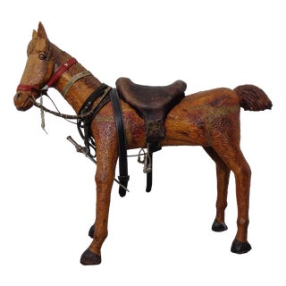 Large Wooden Horse with Leather Saddle, 1900 For Sale