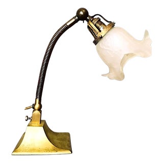 Art Nouveau Flexible Brass Goose Neck and Glass Table Lamp, 1950s For Sale