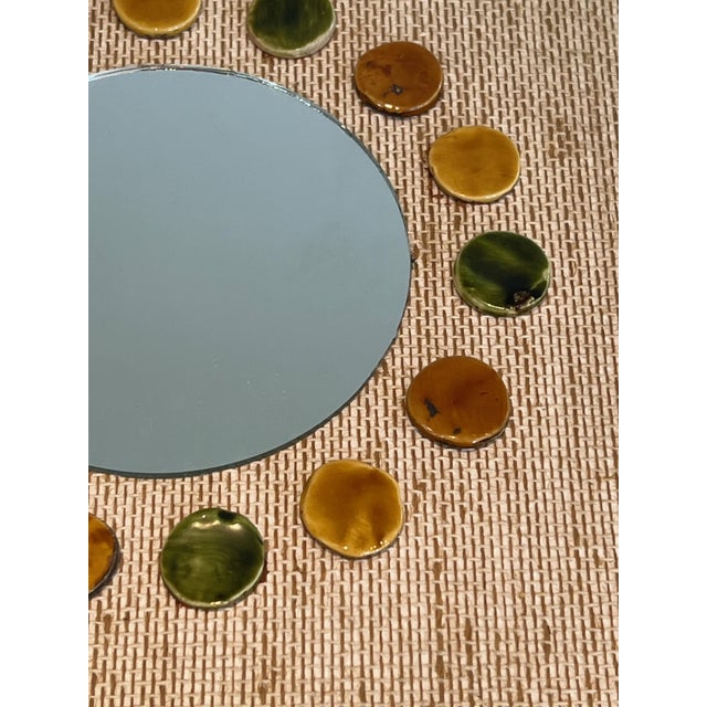 Small Square Mirror Made of Round Raffia-colored Ceramic Elements. For Sale - Image 10 of 12