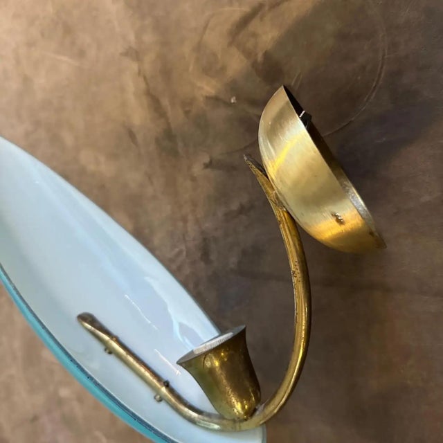Two 1950s Mid-Century Modern Brass and Opaline Glass Italian Wall Sconces For Sale - Image 9 of 11