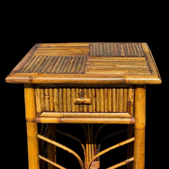 Brown Vintage Burnt Bamboo Rattan Side Table W/ Drawer & Palm Frond Design For Sale - Image 8 of 8