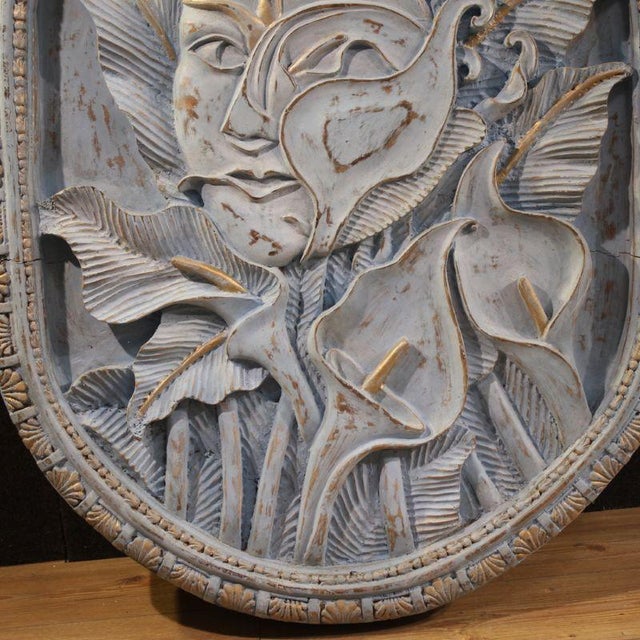 Bas-Relief Sculpture of Stylized Face with Flowers, 20th Century, Wood For Sale - Image 4 of 12