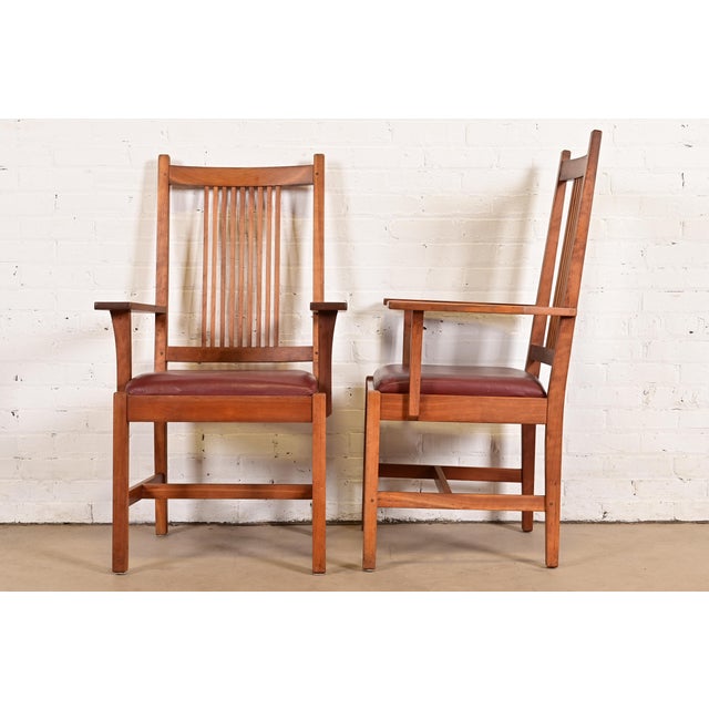 Stickley Mission Arts & Crafts Cherry Wood Spindle Back Armchairs, Pair For Sale - Image 9 of 12