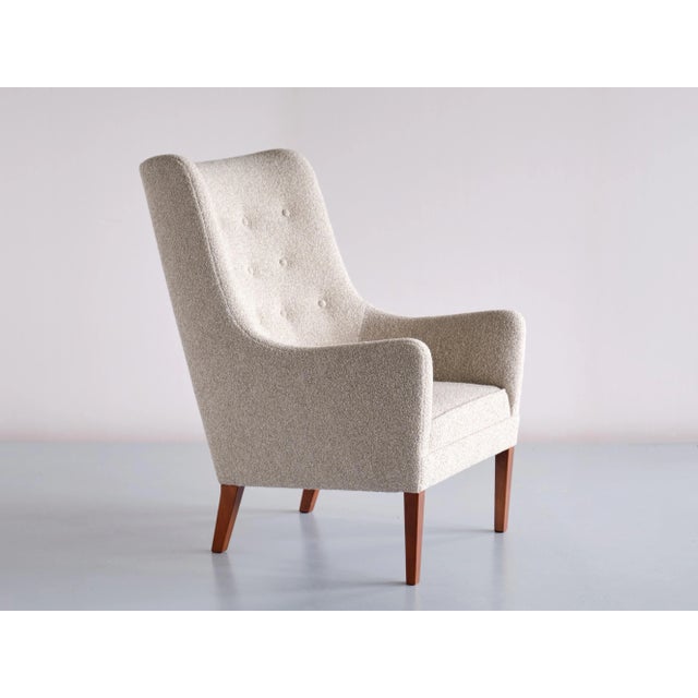 Set of Bouclé & Mahogany High Back Armchairs by Jacob Kjær, Denmark, 1940s For Sale - Image 12 of 14