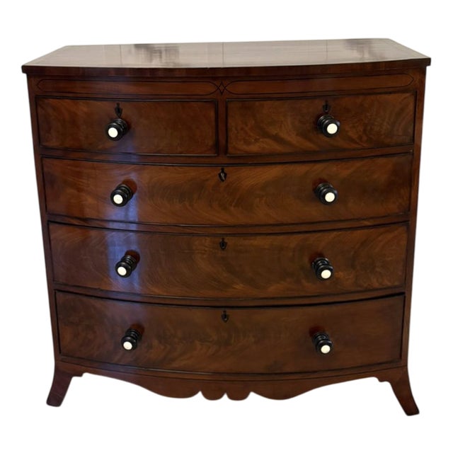 George III Figured Mahogany Bow Fronted Chest of 5 Drawers, 1800s For Sale