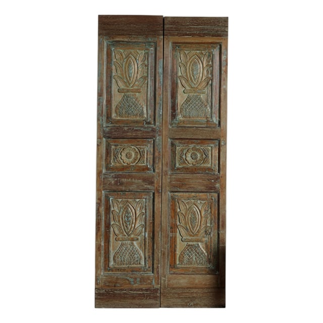 Antique Indian Carved Double Doors With Floral Vase Motif | Wooden Pantry or Barn Door 80x36 For Sale