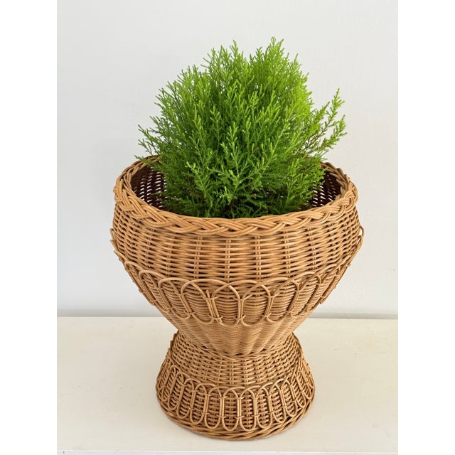 Wood Rattan Pedestal Planter Baskets Large - A Pair For Sale - Image 7 of 7
