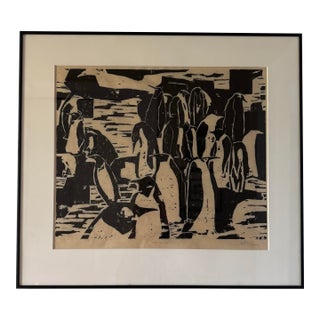 1970s Signed Modernist Penguin Wildlife Graphic Art Framed Monochrome Artwork For Sale