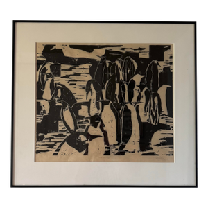 1970s Signed Modernist Penguin Wildlife Graphic Art Framed Monochrome Artwork