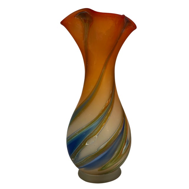 Zareh Orange Art Glass Fazzoletto Vase With Green Blue Swirl For Sale - Image 12 of 18