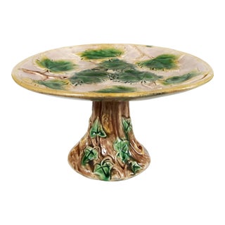 Antique 19th C Majolica Ivy Leaf Compote With Faux Bois Base C1880s For Sale