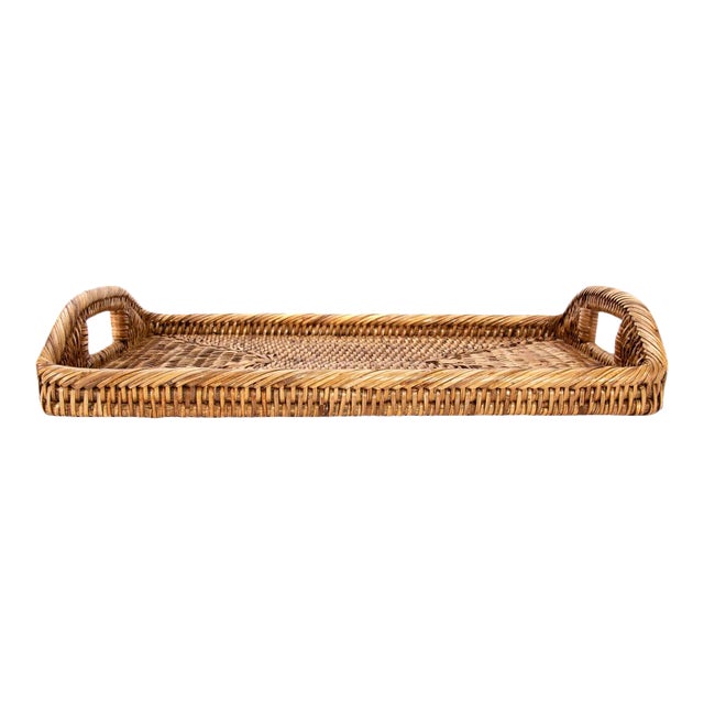 Artifacts Rattan Rectangular Serving Tray with High Handles in Honey Brown - 14" For Sale