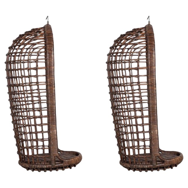 Mid-Century French Bamboo Rattan Swinging Egg Chair For Sale