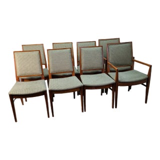 Mid-Century Modern 1950 John Stuart Teak Wood Dining Room Chairs Marked Upholstered Seat- Set of 8 For Sale