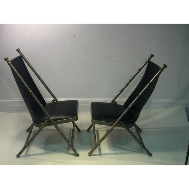 Wood Maison Jansen Brushed Steel and Brass Bamboo Chairs - a Pair For Sale - Image 7 of 11
