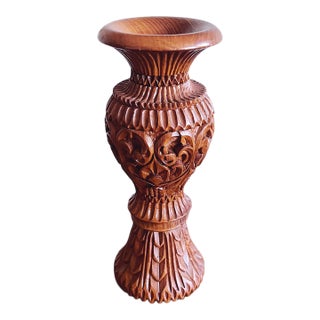 Vintage Thai Hand-Carved Teak Wood Vase For Sale