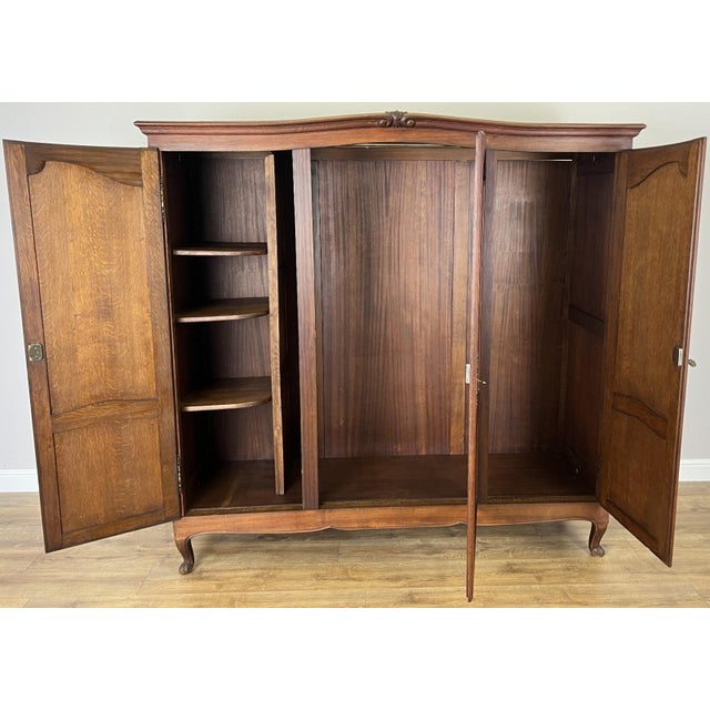 Vintage French Louis XVI Style Carved Oak 3-Door Armoire For Sale - Image 9 of 11