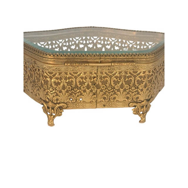 Large Antique Gilt Metal Jewelry Casket Beveled Glass Rococo Floral Box C1900 For Sale In West Palm - Image 6 of 14