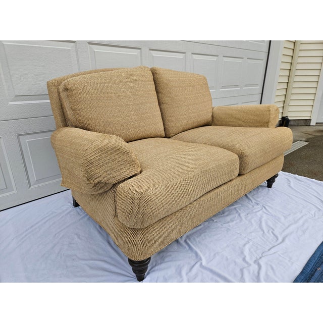 Contemporary Ethan Allen Tan Rolled Arm Down Filled Loveseat For Sale - Image 3 of 17