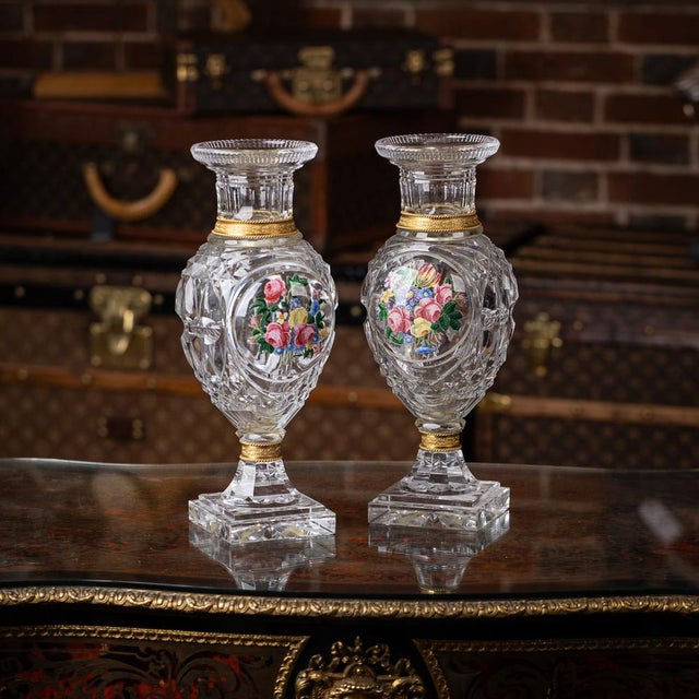 Antique 19th century french pair of baccarat ormolu mounted cut glass vases with enamelled gold inclusions ‘the jokelson...