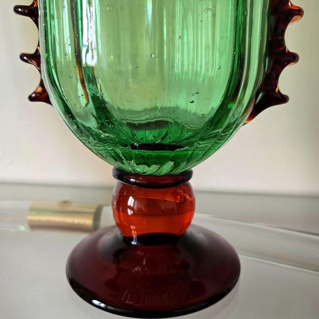 1980s Pair of Green and Golden Brown Murano Glass Vases For Sale - Image 13 of 13