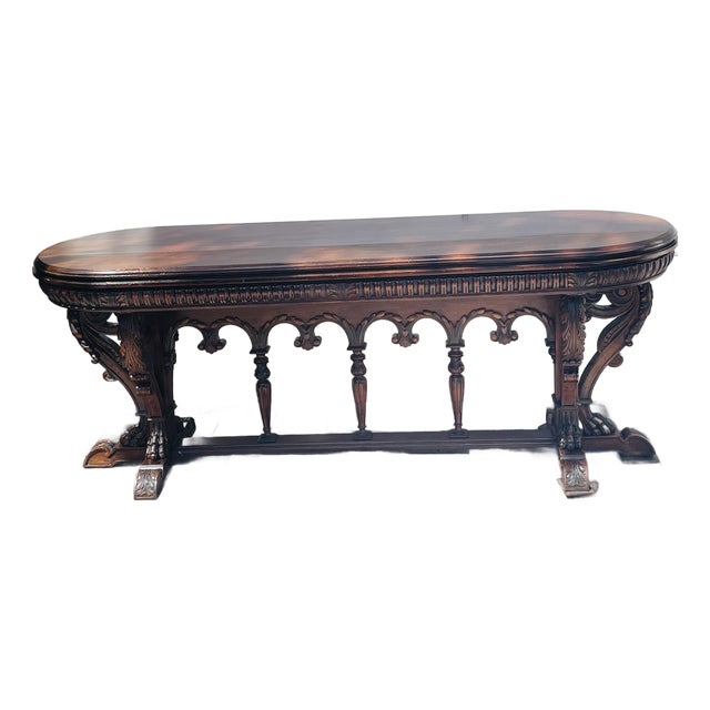 19 Th C Antique Carved Oak Library Table For Sale